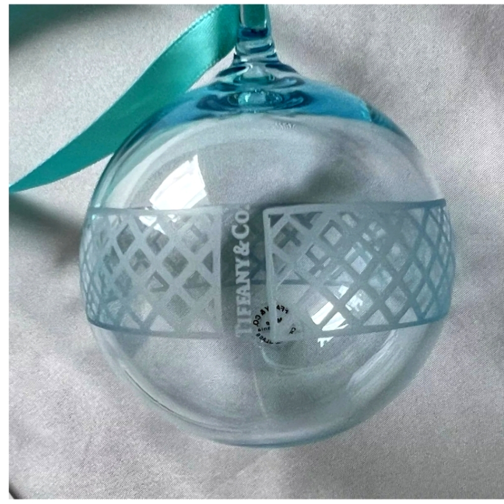 Tiffany&Co Crystal Ball Ornamen EtchedCheckerboard Blue GlassChristmas W/Box&Bag